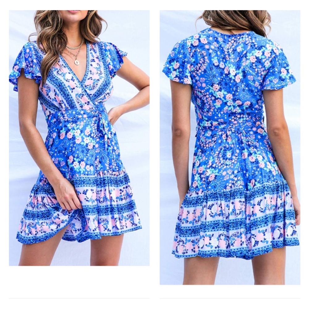 wrap v neck bohemian floral print ruffle swing a line beach mini dress